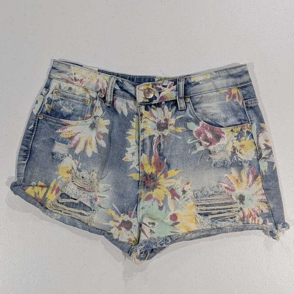 Almost Famous Distressed Jean Shorts with Floral Design